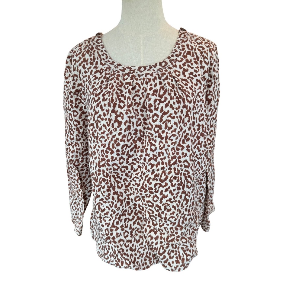 J.Crew Womens 14 Brown White Leopard Print 100% Linen Long Sleeve Blouse Top